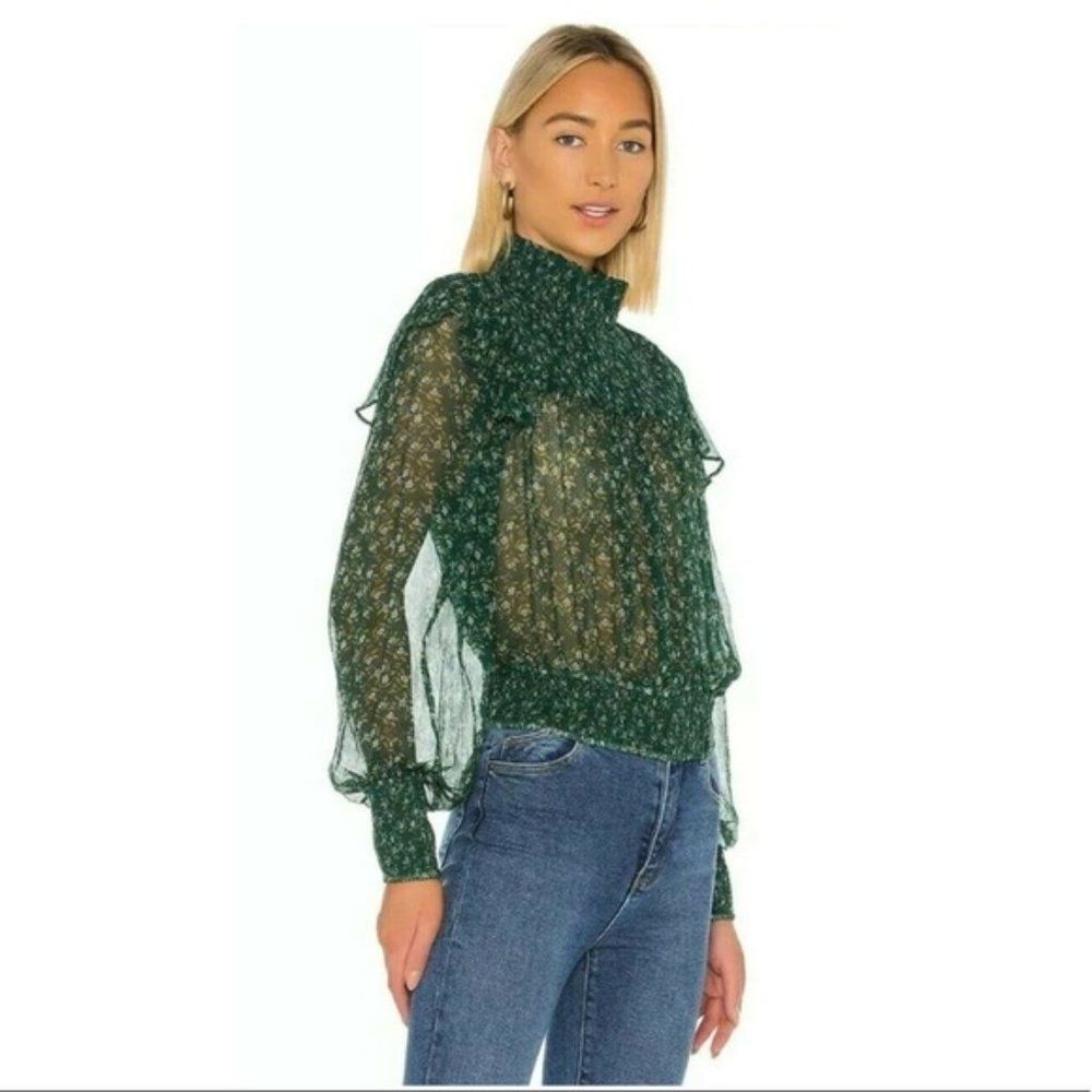 Free People Roma Blouse Forest Green Floral Smocked Top NWT Size XS - Picture 8 of 10